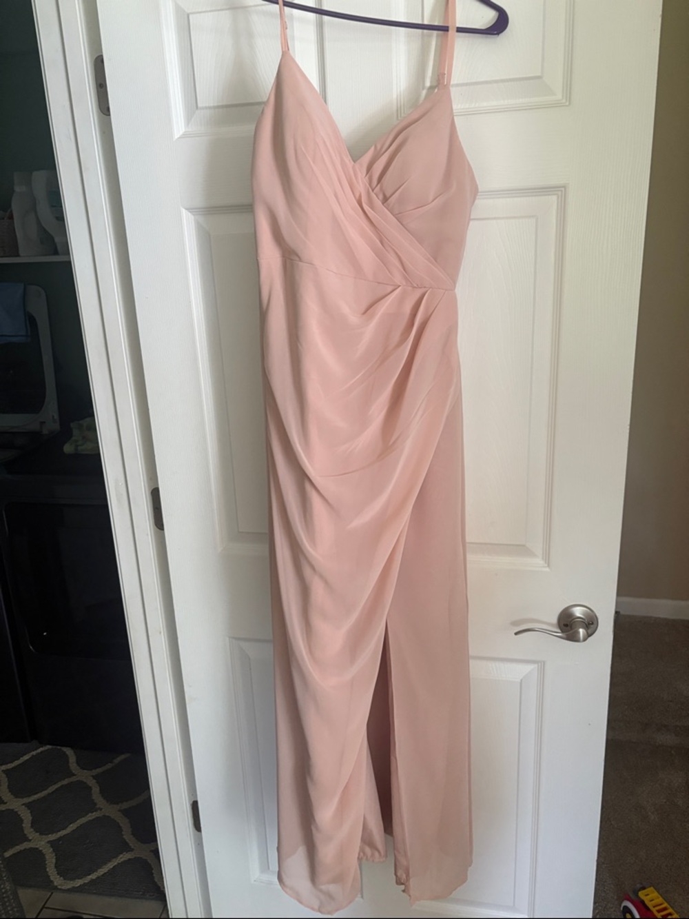 Azazie Blush Pink Draped Spaghetti Strap Maxi Dress